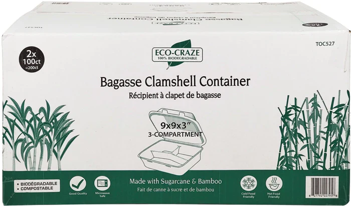 TenClouds - 9X9 Bagasse Clamshell Container - 3 Comp. - Image 3