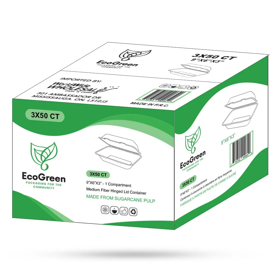 EcoGreen - 9X6X3 Bagasse Hinged Lid Container - Image 2