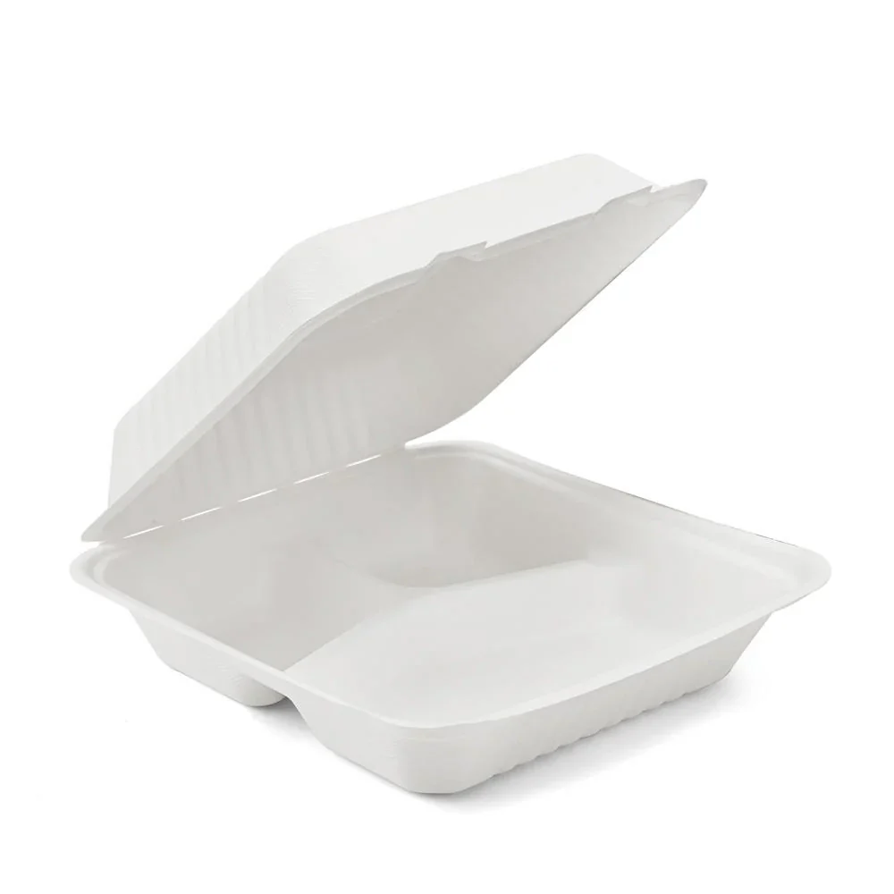 EcoGreen - 9X9X3 - 3 Comp Bagasse Hinged Lid Container