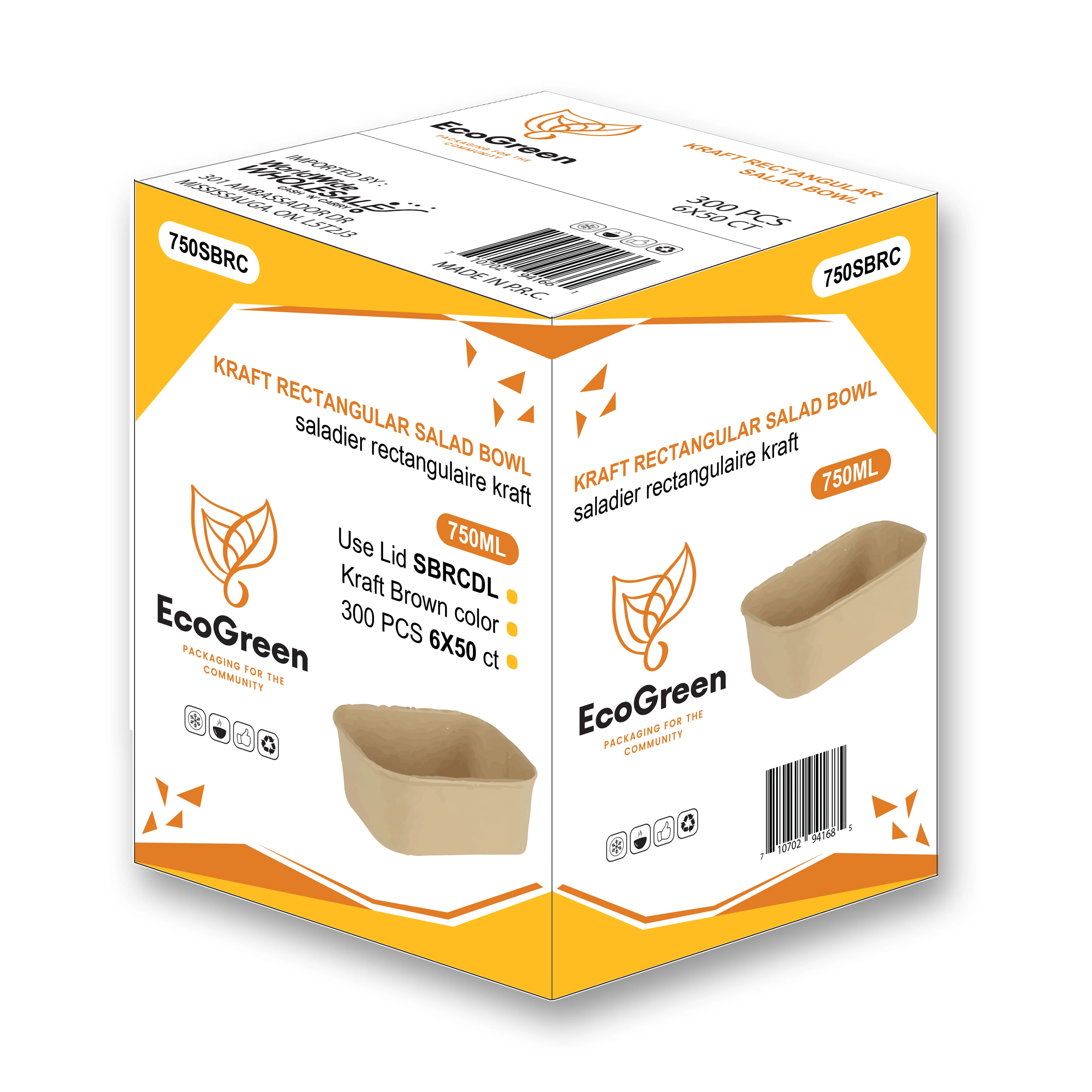 EcoGreen - Kraft Salad Bowl - Rectangular - 750ml
